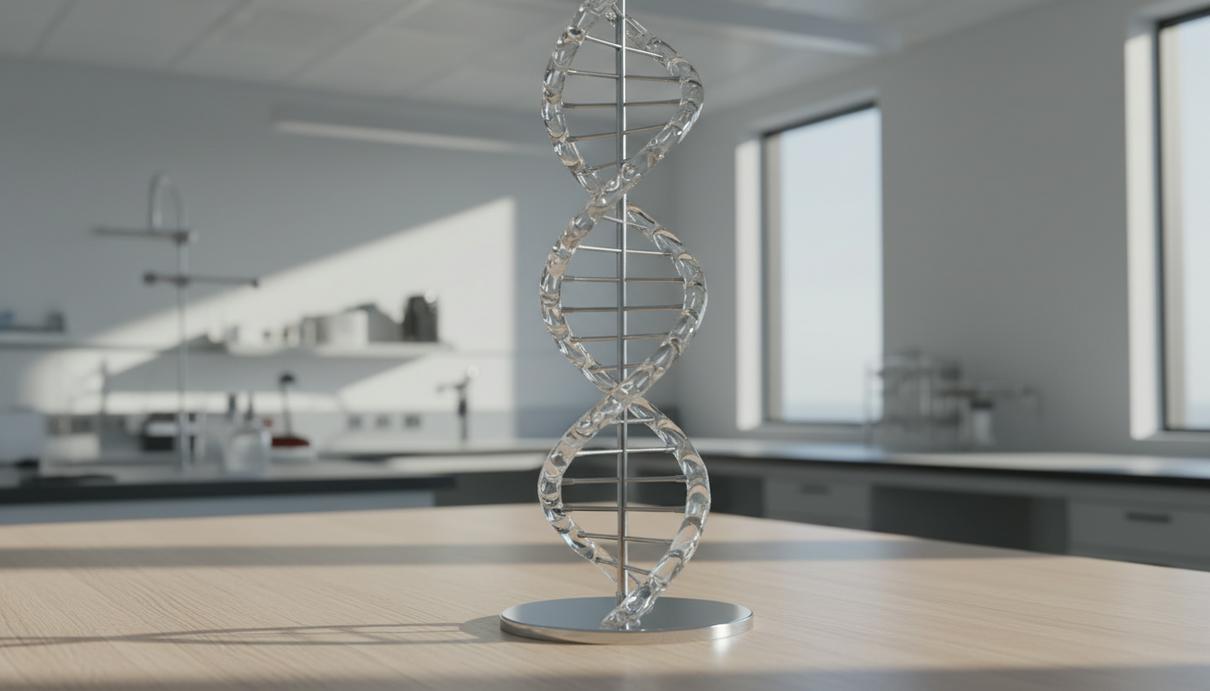 Роль наследственности в долголетии человека оказалась выше прежних оценок Стеклянная модель спирали ДНК на столе в современной лаборатории, освещенная естественным светом из окна.