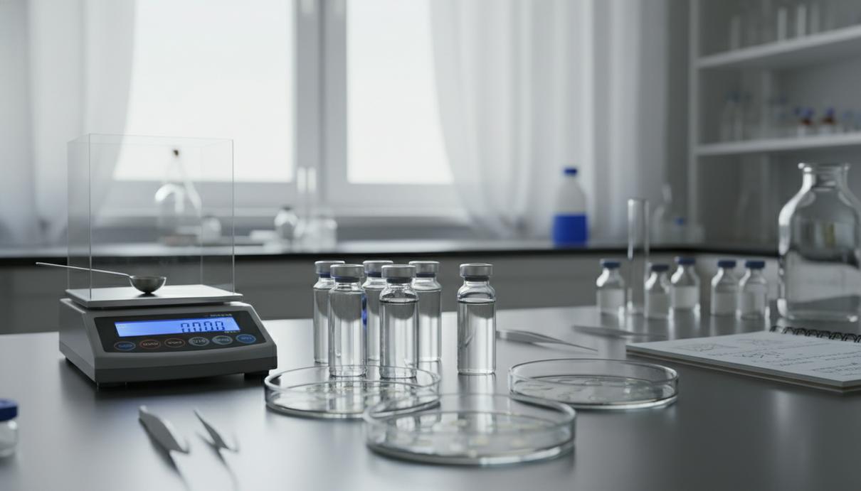 Стэнфордские биологи нашли молекулу для снижения веса без побочных эффектов Лабораторный стол со стеклянными пробирками, чашками Петри и электронными весами в мягком свете.