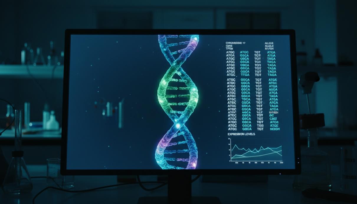Влияние наследственности на продолжительность жизни составило 50 процентов Лабораторное оборудование и экран монитора с графическим изображением цепочки ДНК