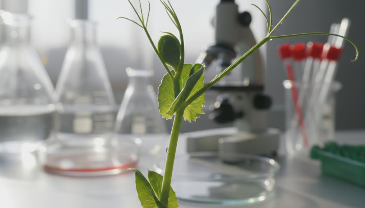 Свет ограничивает рост растений через укрепление связей между тканями Макросъемка зеленого стебля проростка гороха с детальной текстурой поверхности в лаборатории