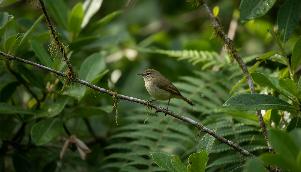 Маленькая сейшельская камышовка сидит на ветке тропического дерева среди густой зеленой листвы.