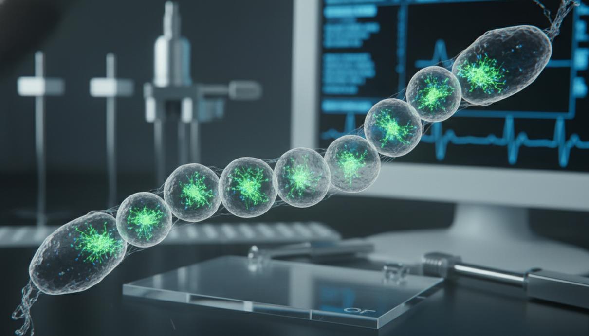 Биологи объяснили механизм равномерного распределения ДНК в митохондриях Митохондрия в форме цепочки из бусин со светящимися узлами внутри на темном фоне.