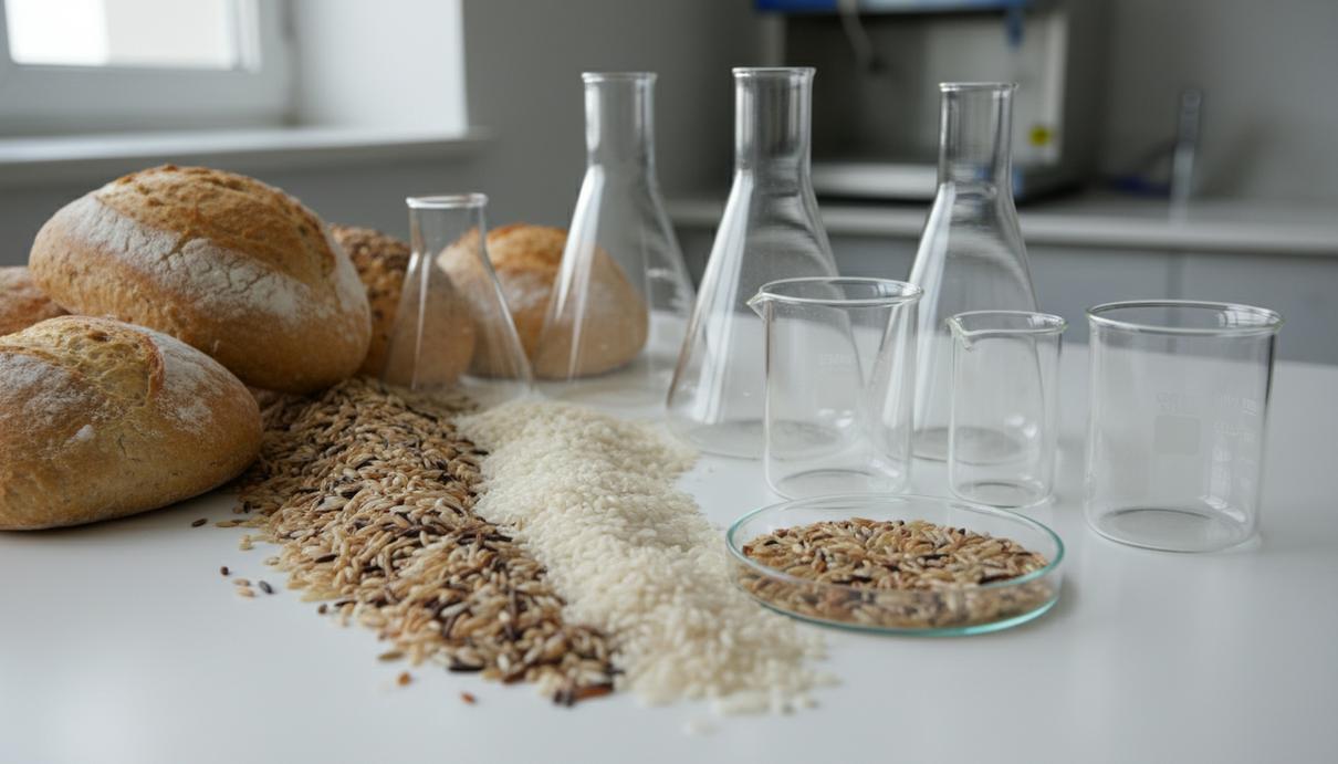 Свежий хлеб и горсть риса на белом столе рядом с лабораторной посудой.