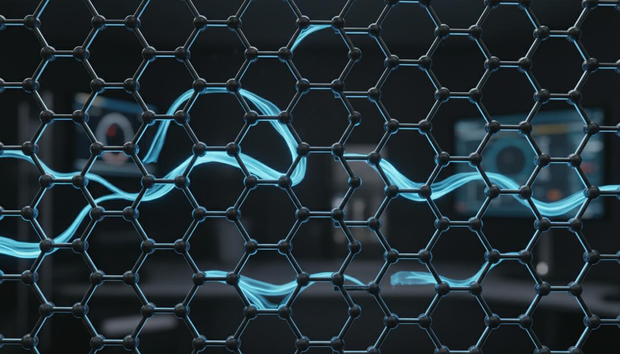 Микроскопическое изображение гексагональной решетки графена с потоками светящихся частиц