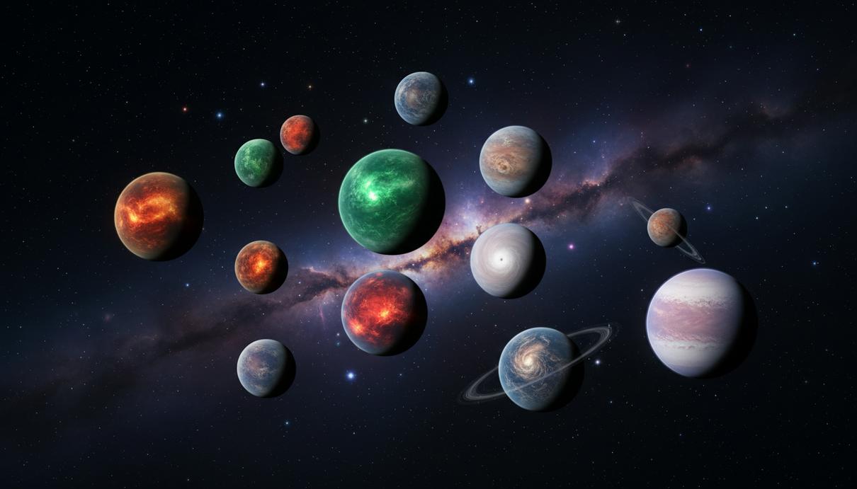 Группа разноцветных экзопланет с разной плотностью атмосферы на фоне звездного неба и туманности.