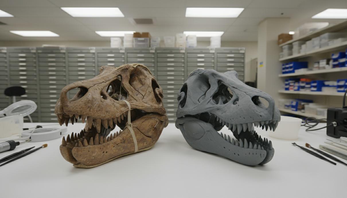 Окаменелый череп динозавра и его пластиковая трехмерная модель на столе в научной лаборатории.