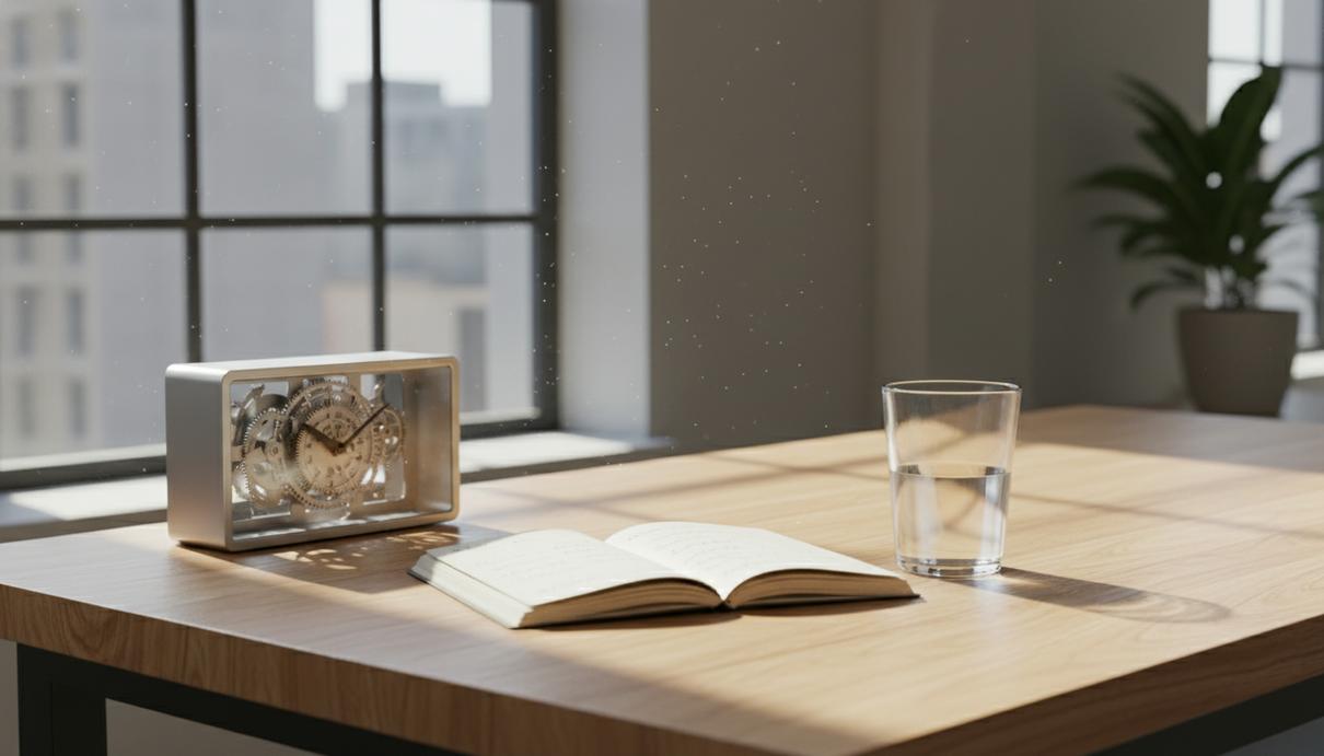 Ученые оценили влияние ежедневных колебаний остроты ума на продуктивность Деревянный рабочий стол с часами, открытым блокнотом и стаканом воды в лучах утреннего солнца.