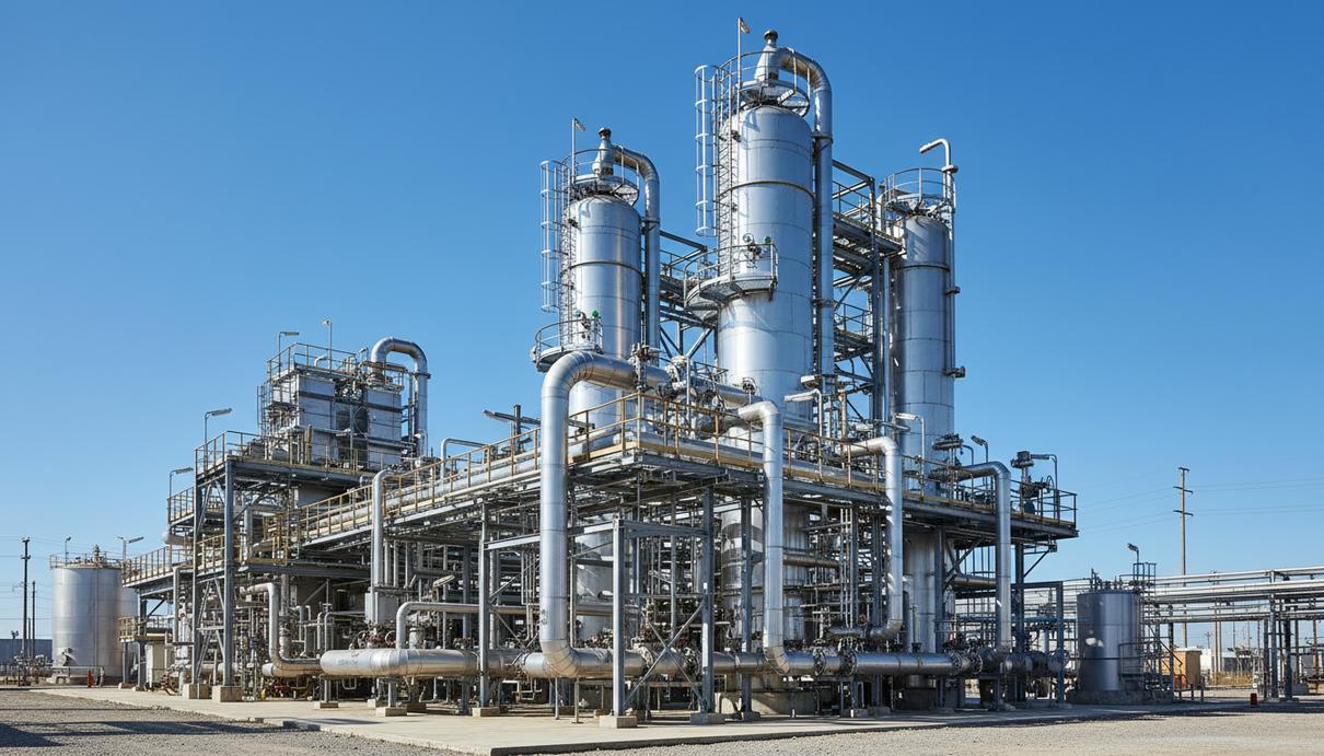 Промышленный химический завод со стальными трубами и высокими резервуарами на фоне ясного неба.
