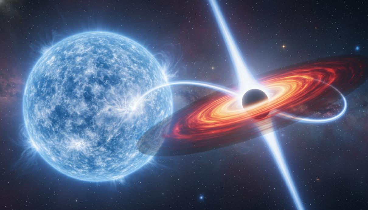 Черная дыра с ярким диском и изогнутыми струями плазмы в космическом пространстве рядом с массивной звездой