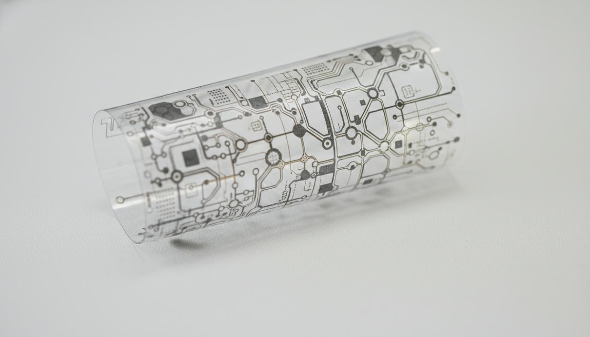Гибкая прозрачная пленка с напечатанной на ней сетью микроскопических электронных схем и серых контактов.
