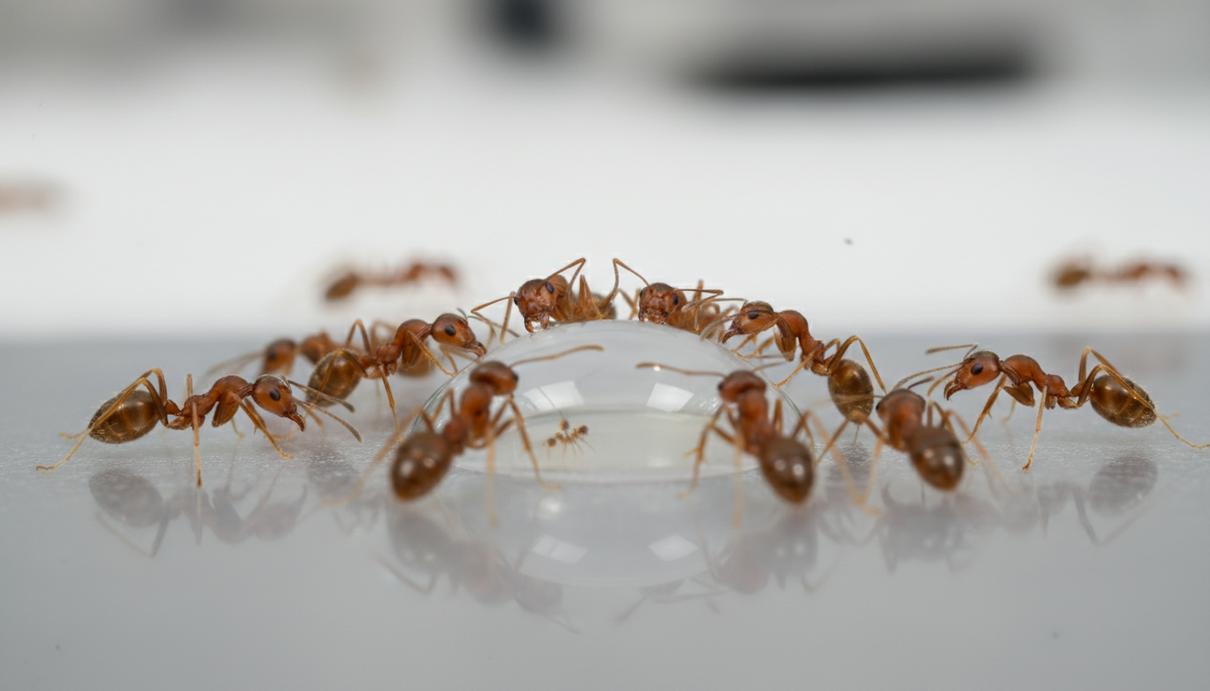 Группа муравьев вокруг капли прозрачной жидкости на светлой ровной поверхности.
