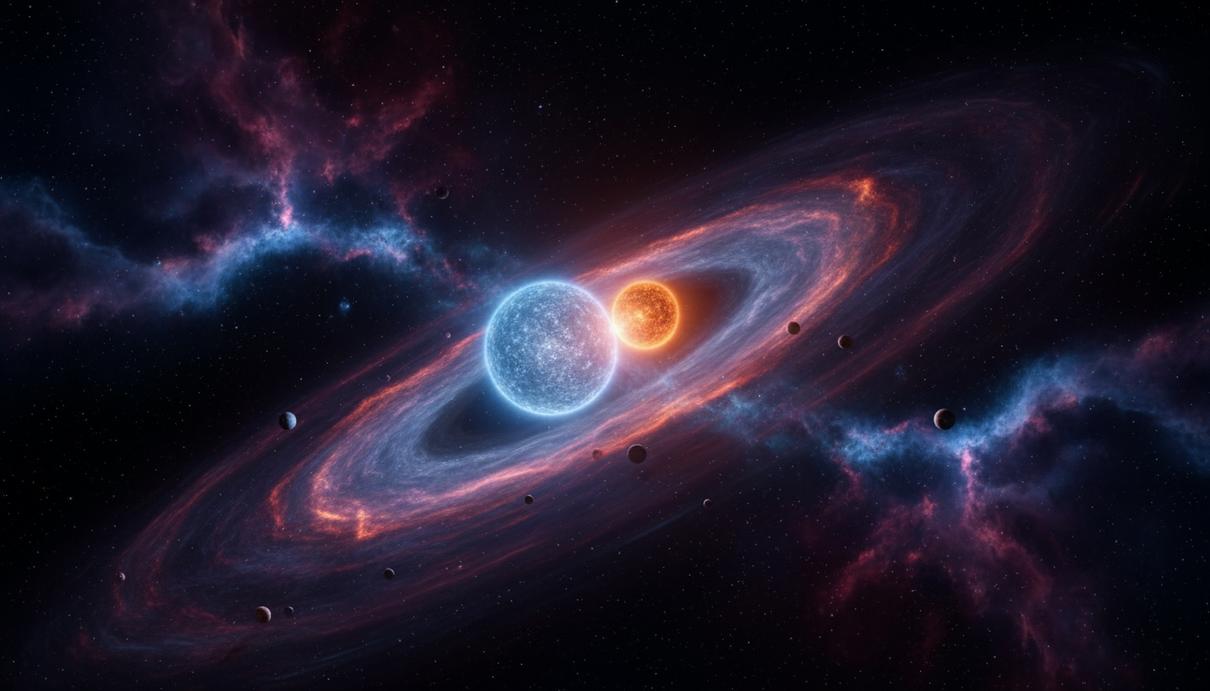 Две звезды разного размера в центре газопылевого облака на фоне космического пространства