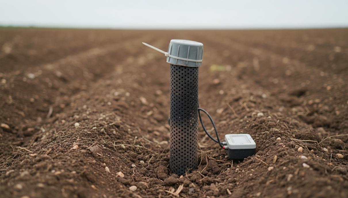 Компактное техническое устройство с вертикальным стержнем, частично вкопанное в рыхлую землю.