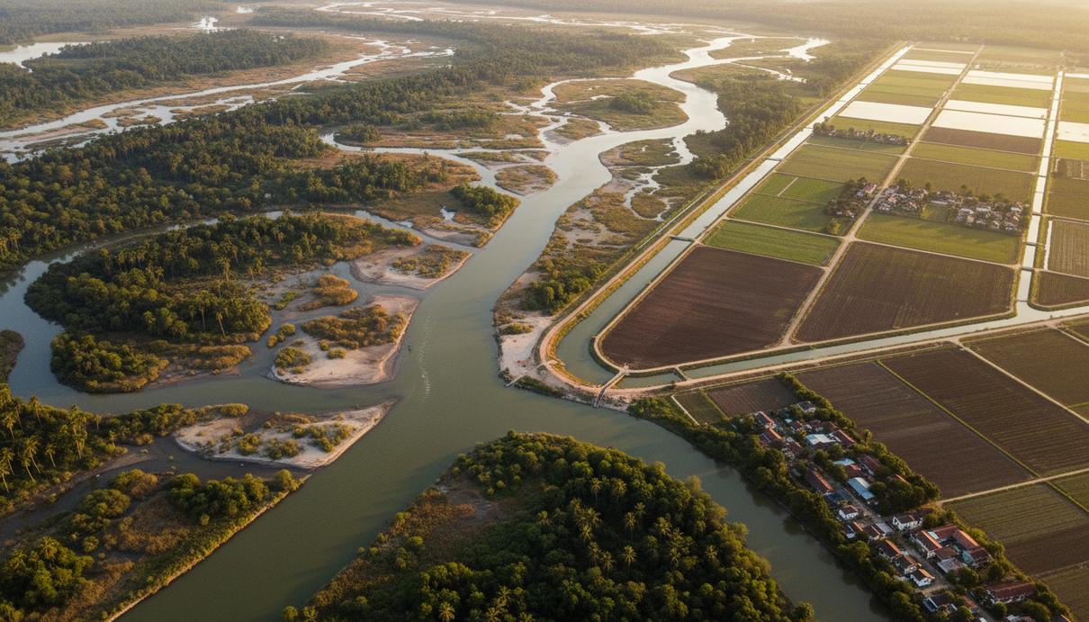 Вид сверху на дельту реки, где дикая природа граничит с возделанными участками земли