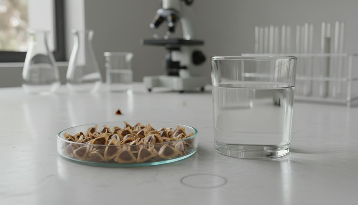 Семена моринги в чашке Петри и стакан чистой воды на лабораторном столе
