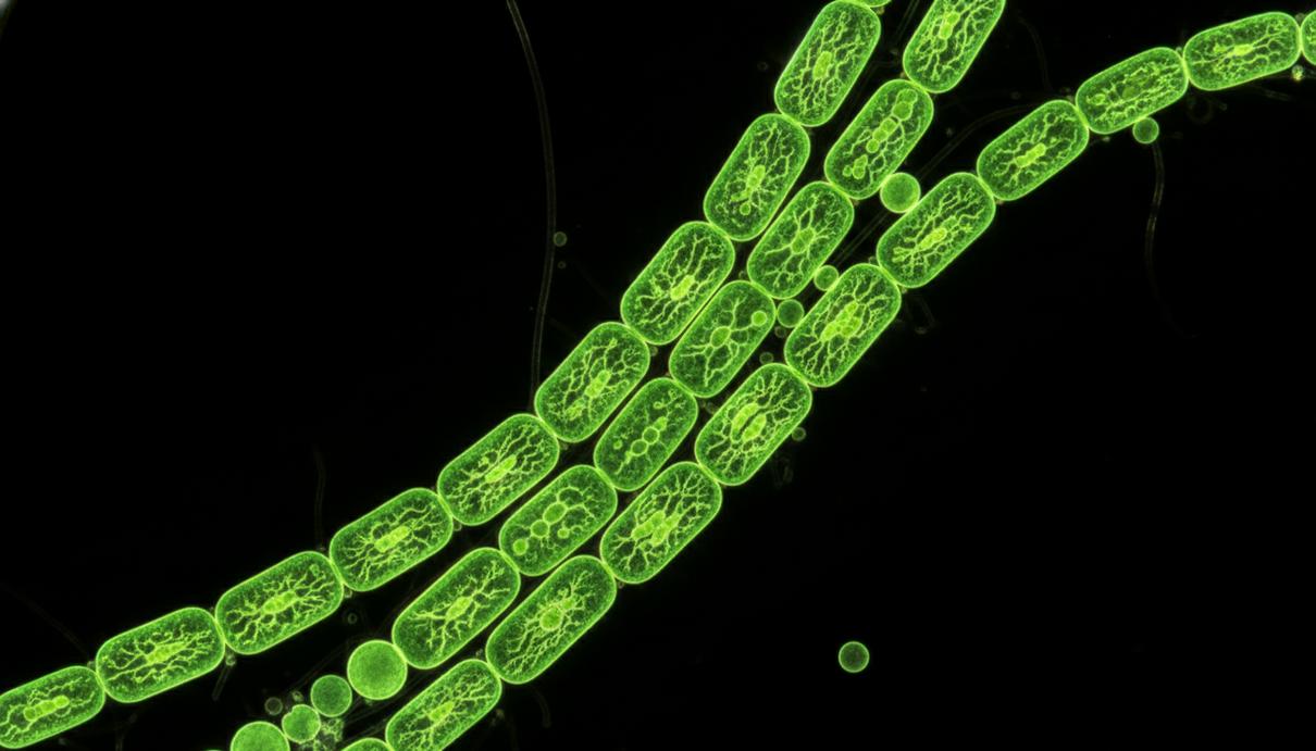 Микроскопические цепочки цианобактерий с флуоресцентной зеленой подсветкой клеточных мембран и структур.