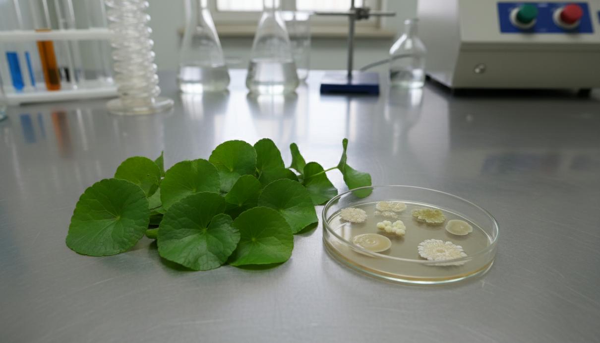 Зеленые листья центеллы азиатской и чашка Петри с бактериями на металлическом столе в лаборатории.