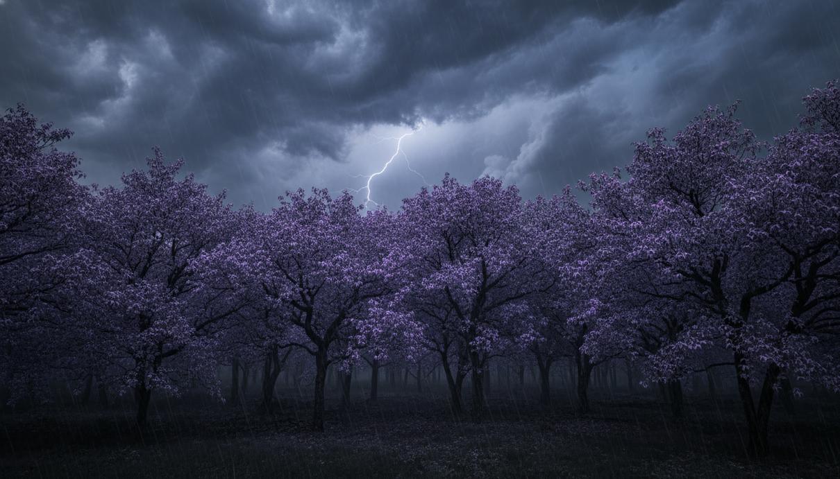 Крона дерева на фоне темного штормового неба с тусклым фиолетовым свечением на кончиках ветвей