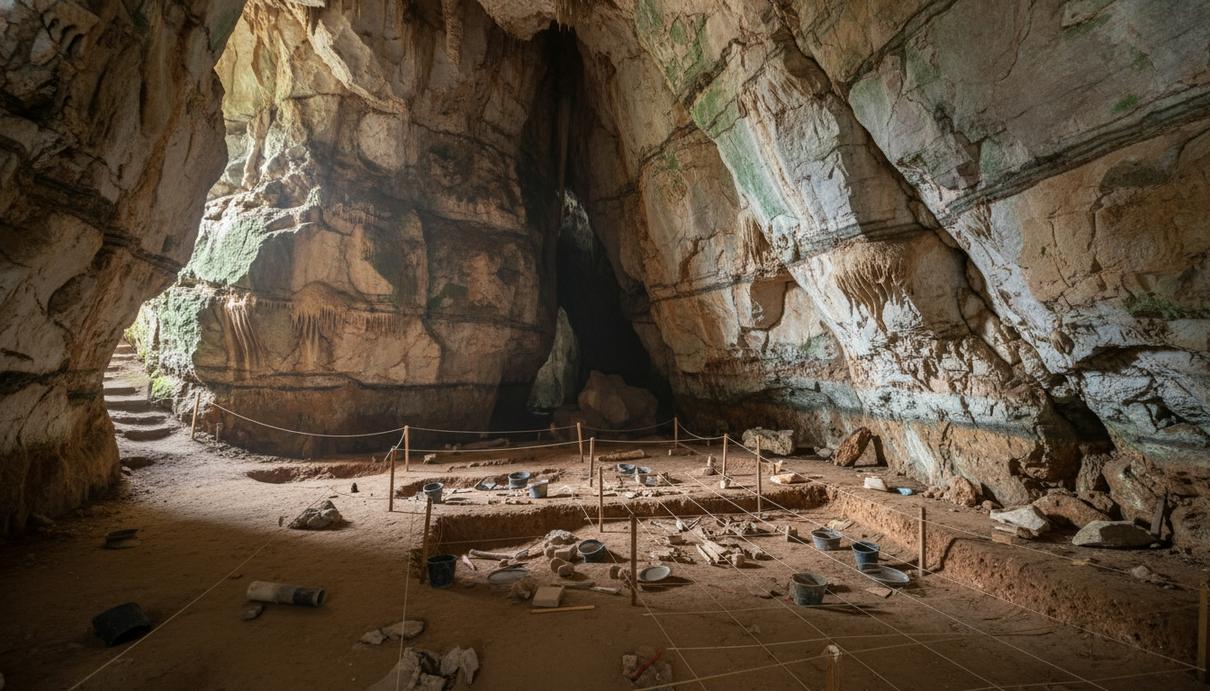 Внутреннее пространство пещеры с известняковыми стенами и следами археологических раскопок