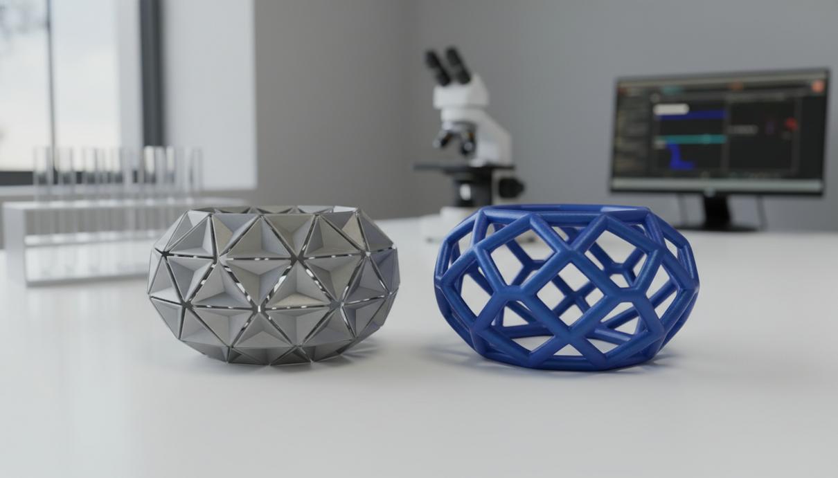 Две пластиковые модели геометрических фигур в форме тора на белом лабораторном столе