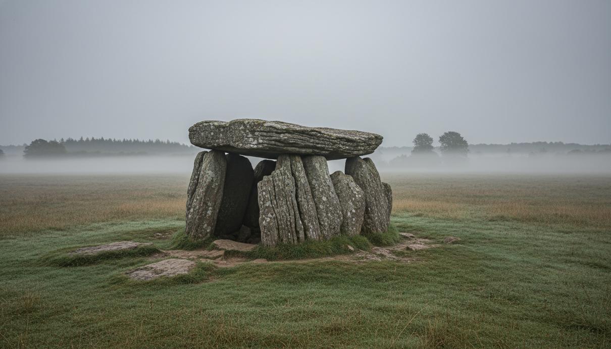 Древний каменный дольмен из массивных глыб в туманном поле под пасмурным небом