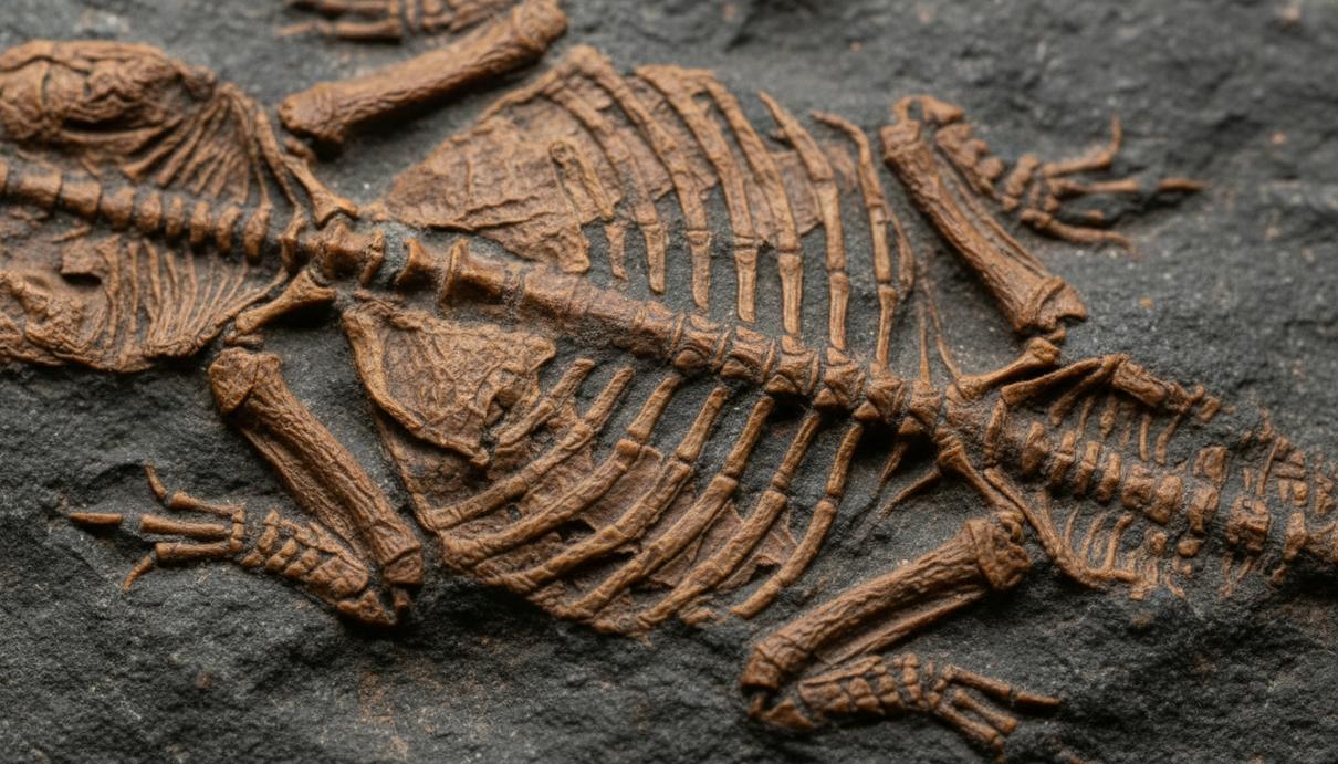 Окаменелые остатки древней рептилии с сохранившейся текстурой кожи и ребер на темной породе.