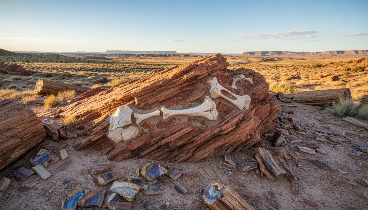 Окаменелые кости доисторического животного в пластах красного песчаника на территории национального парка.