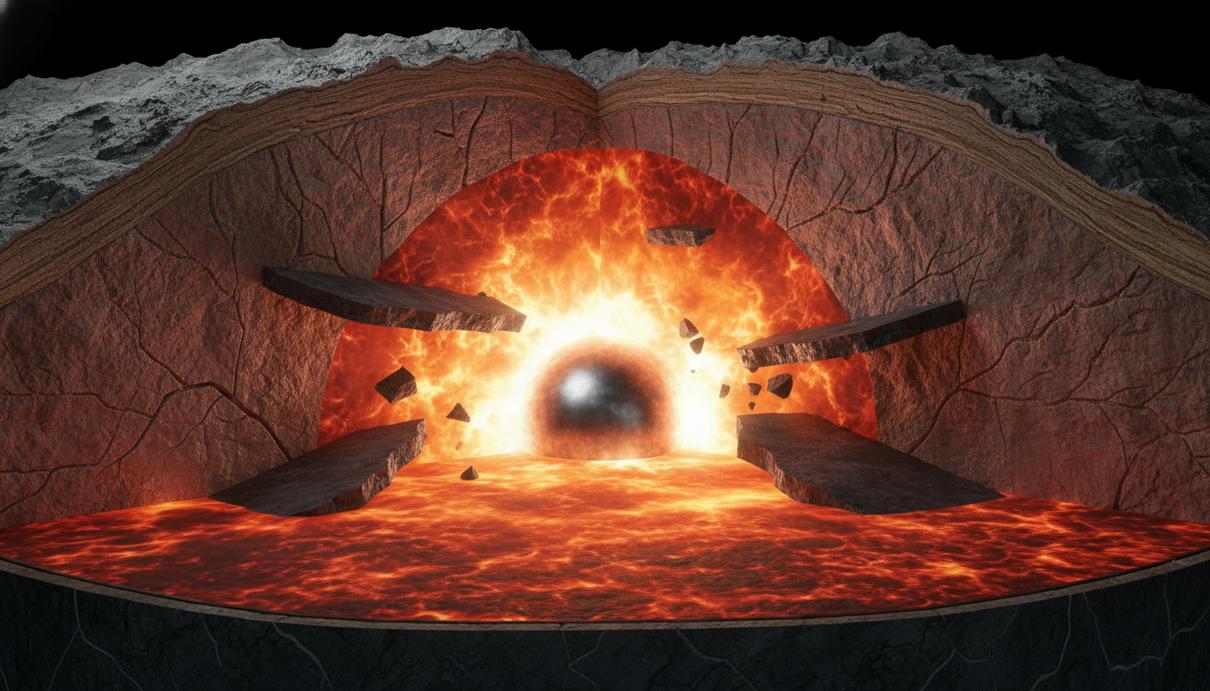 Срез недр Земли с изображением погружающихся плит и границы между мантией и ядром