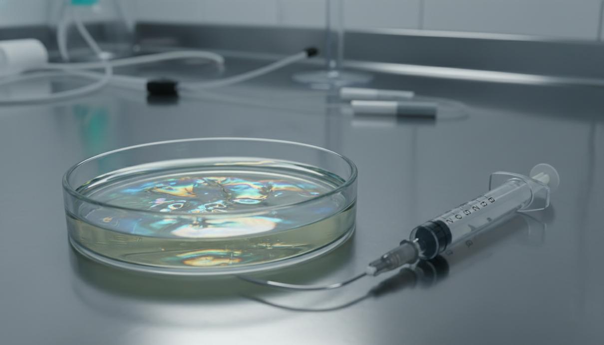 Стеклянная чашка Петри с прозрачным раствором и медицинский шприц на стальной поверхности в лаборатории.