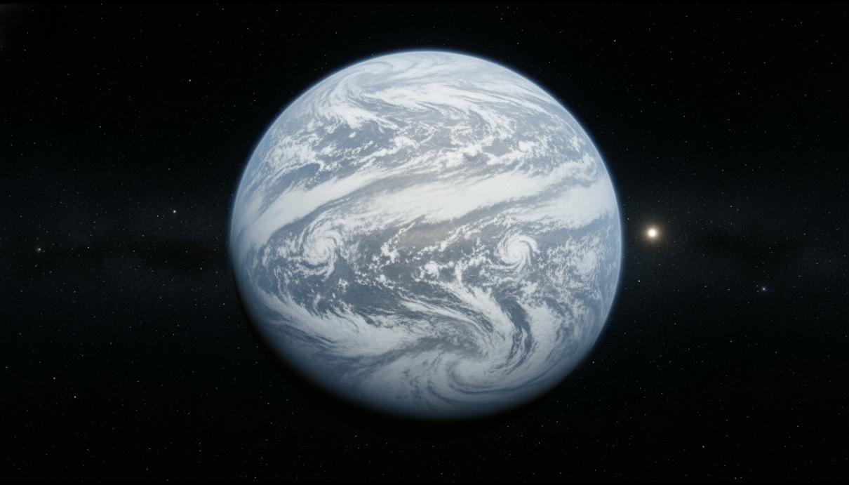 Газовый гигант с плотными ледяными облаками в атмосфере на фоне звездного неба и далекого светила