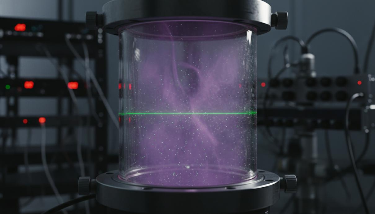 Лабораторная вакуумная камера с фиолетовым свечением плазмы и частицами пыли в луче зеленого лазера.