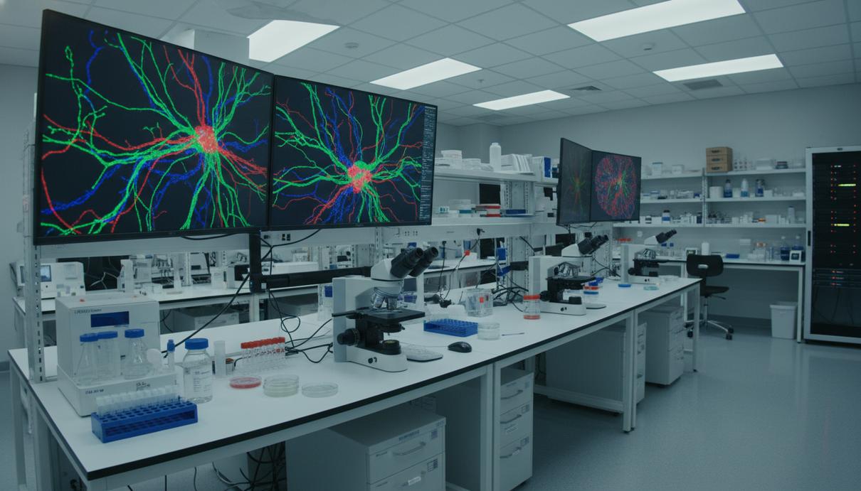 Микроскопические снимки нейронов и структуры мозга на экранах компьютеров в научной лаборатории