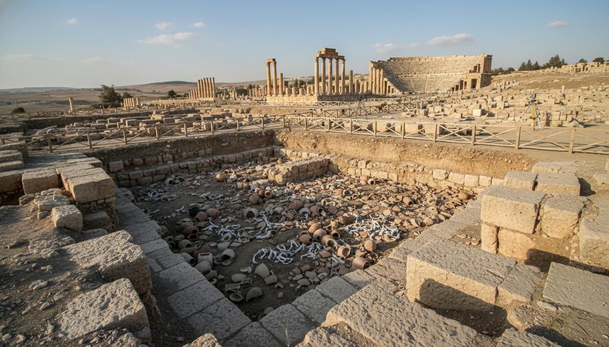 Место археологических раскопок в Иордании с фрагментами древней керамики и руинами каменных строений.