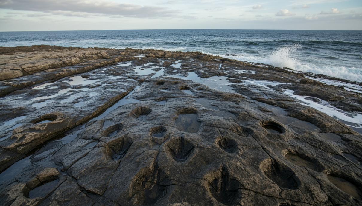 Окаменелые следы динозавров на скалистом побережье в ЮАР