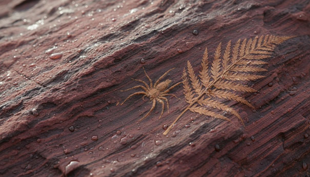 Макросъемка красной горной породы с четкими отпечатками древнего паука и прожилок листа.