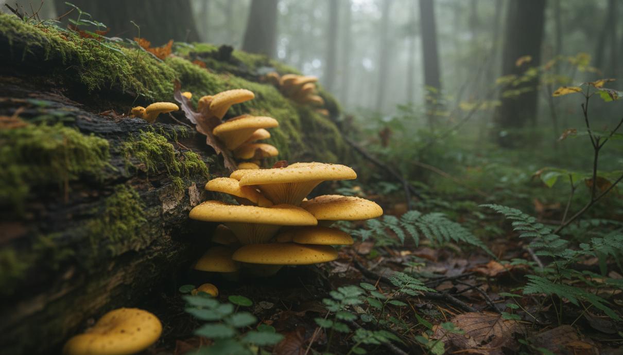 Ярко-желтые грибы вешенки растут на поваленном стволе дерева в густом лесу.