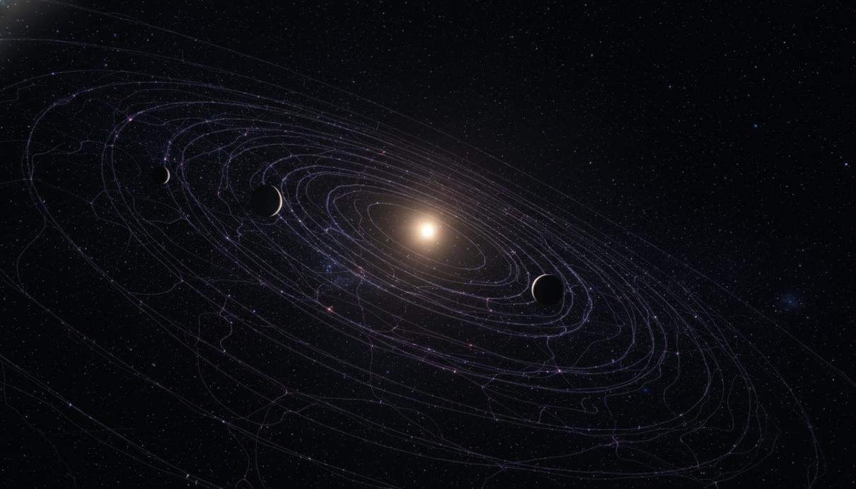 Вид на далекое Солнце и орбиты планет сквозь полупрозрачную структуру космической паутины в космосе.