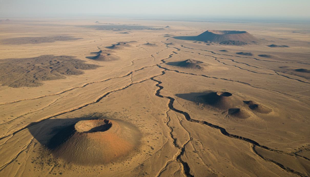 Вид на глубокий тектонический разлом с отвесными скалами и засушливой каменистой равниной