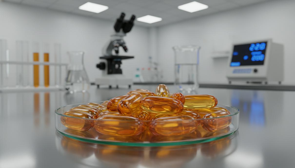 Золотистые капсулы рыбьего жира в стеклянной чашке Петри в стерильной лаборатории.