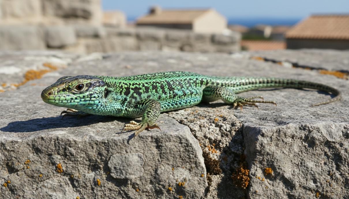 Ярко-зеленая стенная ящерица на поверхности серого камня в естественной среде.
