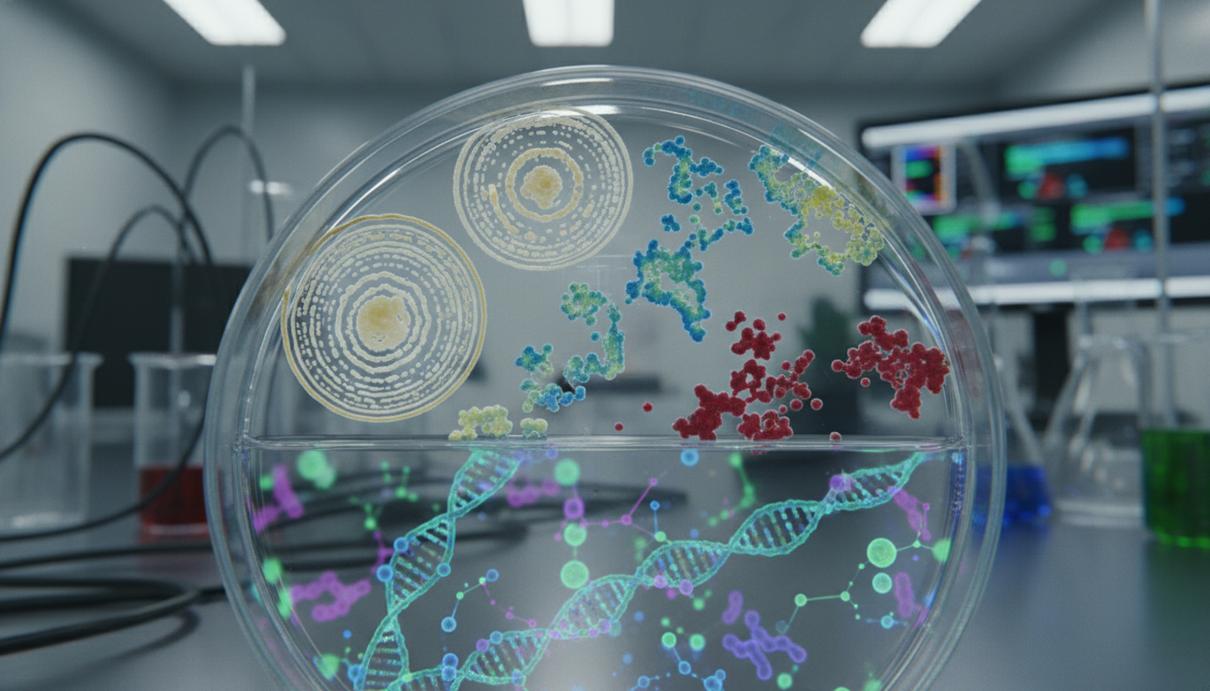 Микробиологическая культура в чашке Петри на лабораторном столе на фоне научного оборудования.