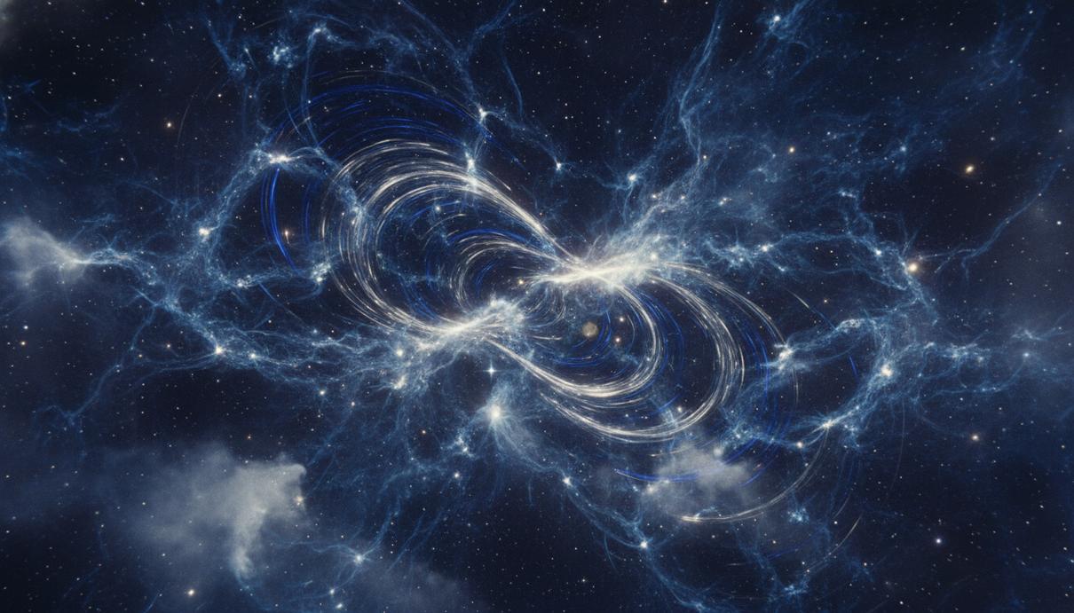 Визуализация волновых искажений пространства и сгустков темной материи на фоне глубокого космоса