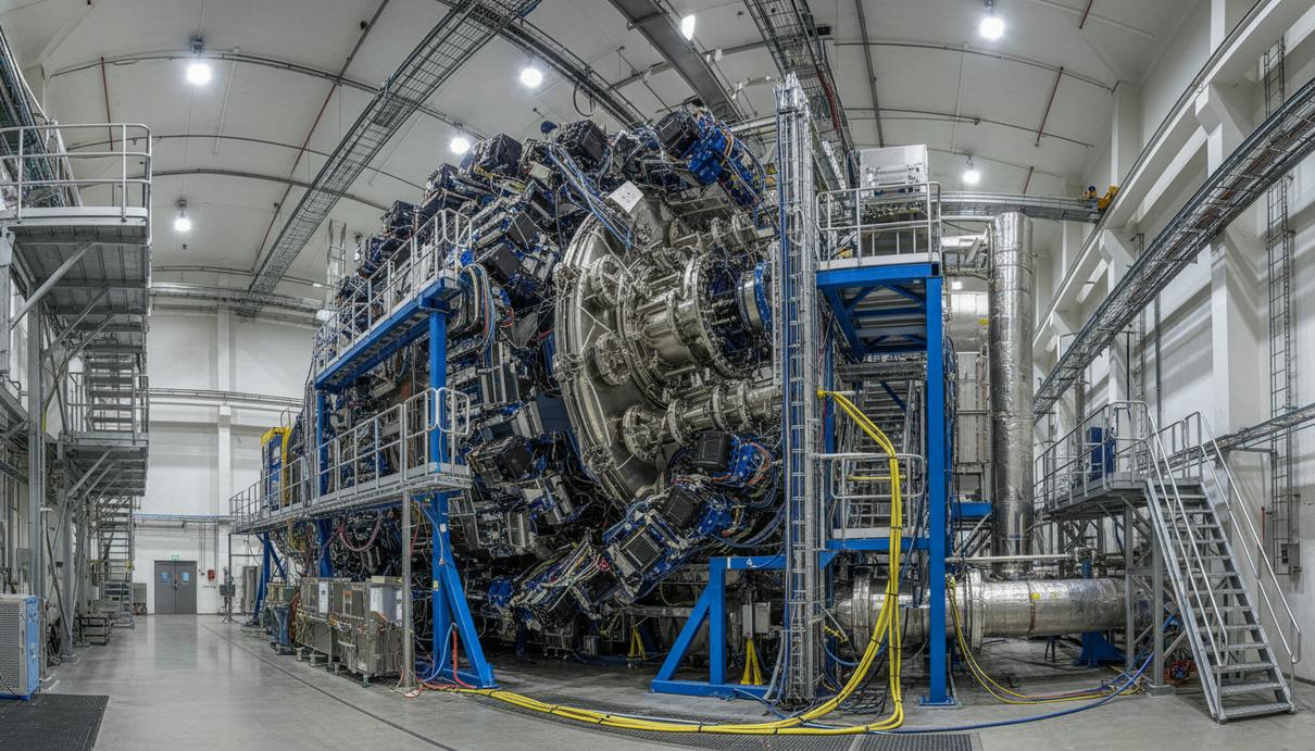 Научная установка со стальными вакуумными камерами и множеством проводов в лаборатории физики