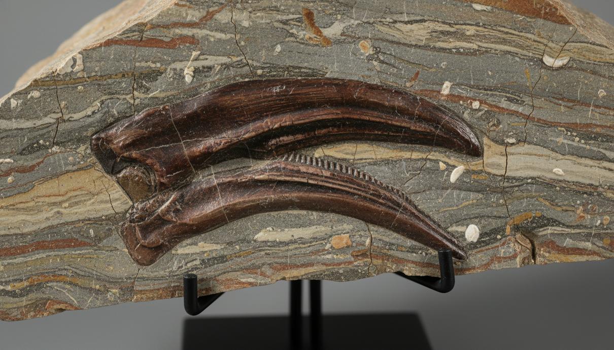 Окаменелая челюсть древнего гигантского осьминога в разрезе горной породы мелового периода.