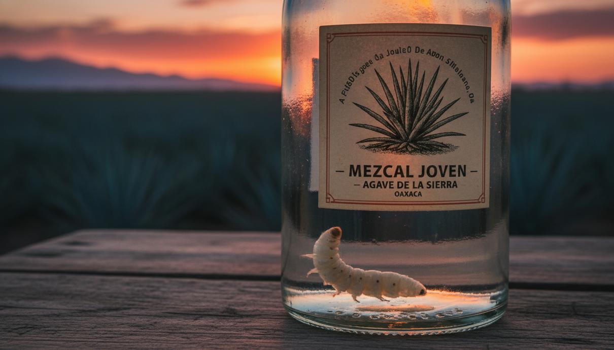 Стеклянная бутылка мескаля с личинкой на дне на фоне плантации агавы в лучах заката.