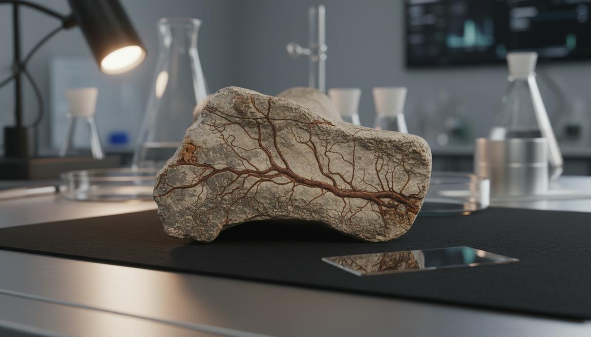 Поперечный срез окаменелого ребра тираннозавра с видимой сетью минерализованных сосудов.