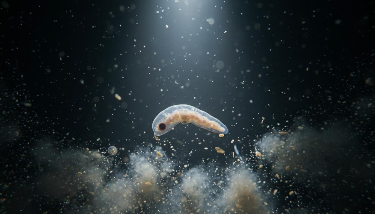 Прозрачное червеобразное существо с одной темной точкой на голове среди мелкого планктона в океане