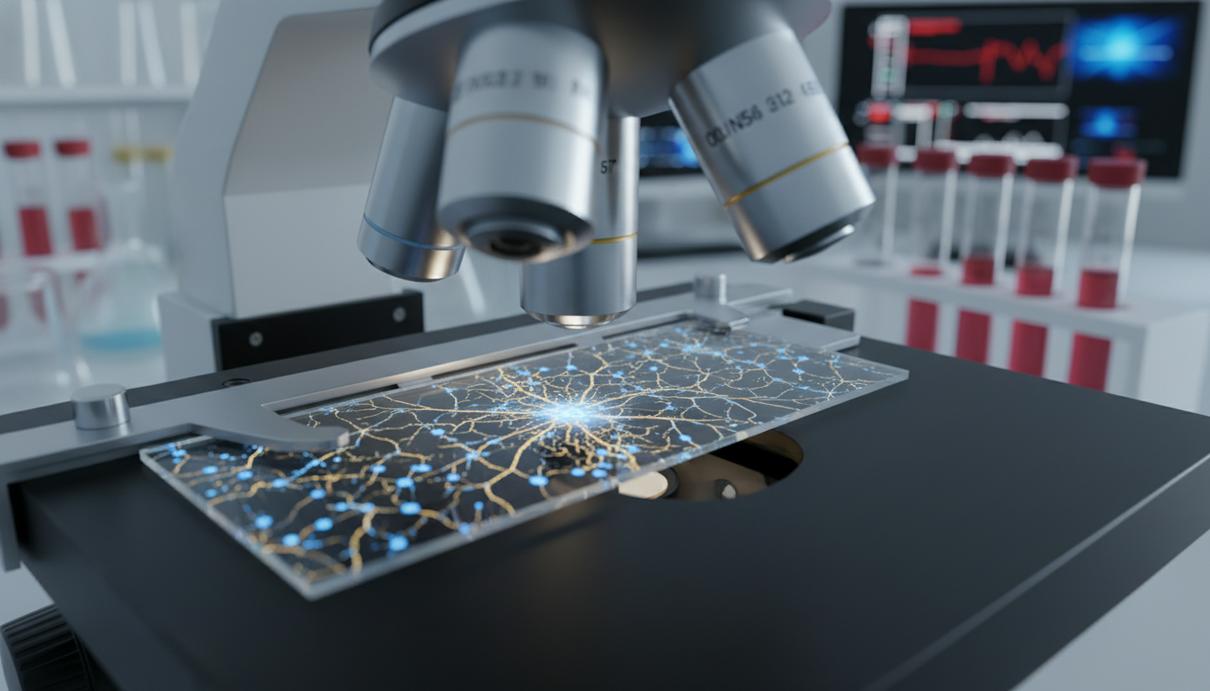 Микроскопическое изображение сети нейронов головного мозга со светящимися связями на темном фоне