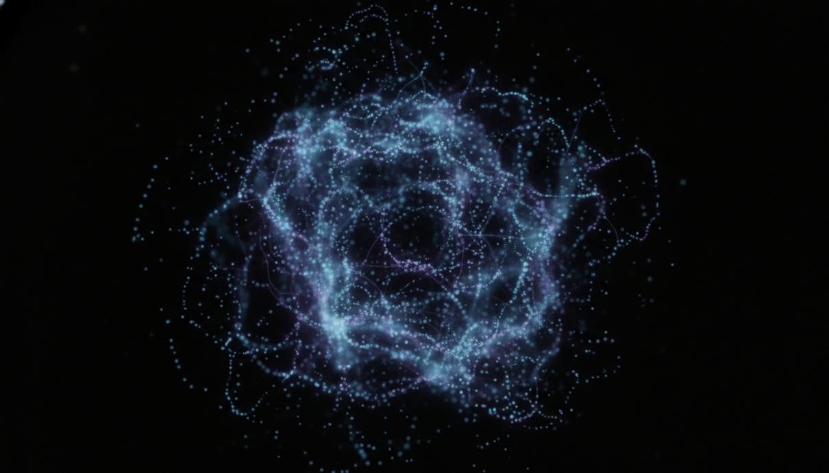 Светящиеся синие и фиолетовые частицы в темном пространстве, формирующие упорядоченные пары атомов.