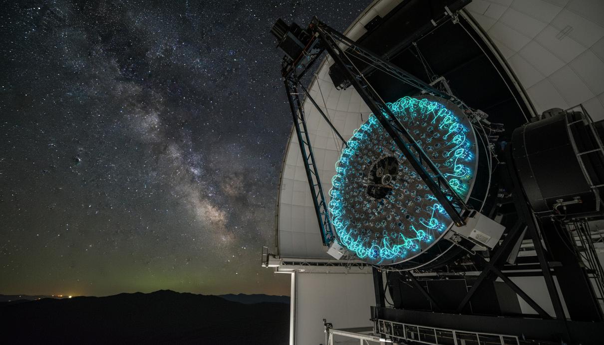 Оптический прибор телескопа со множеством световодов на фоне звездного ночного неба в обсерватории